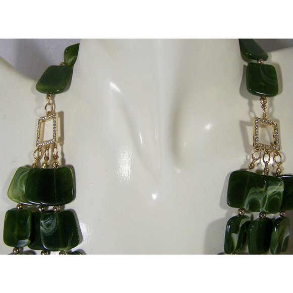 Vintage Charmin Charlie Signed Statement Necklace Faux Jade Panels Rhinestones - Picture 3 of 8